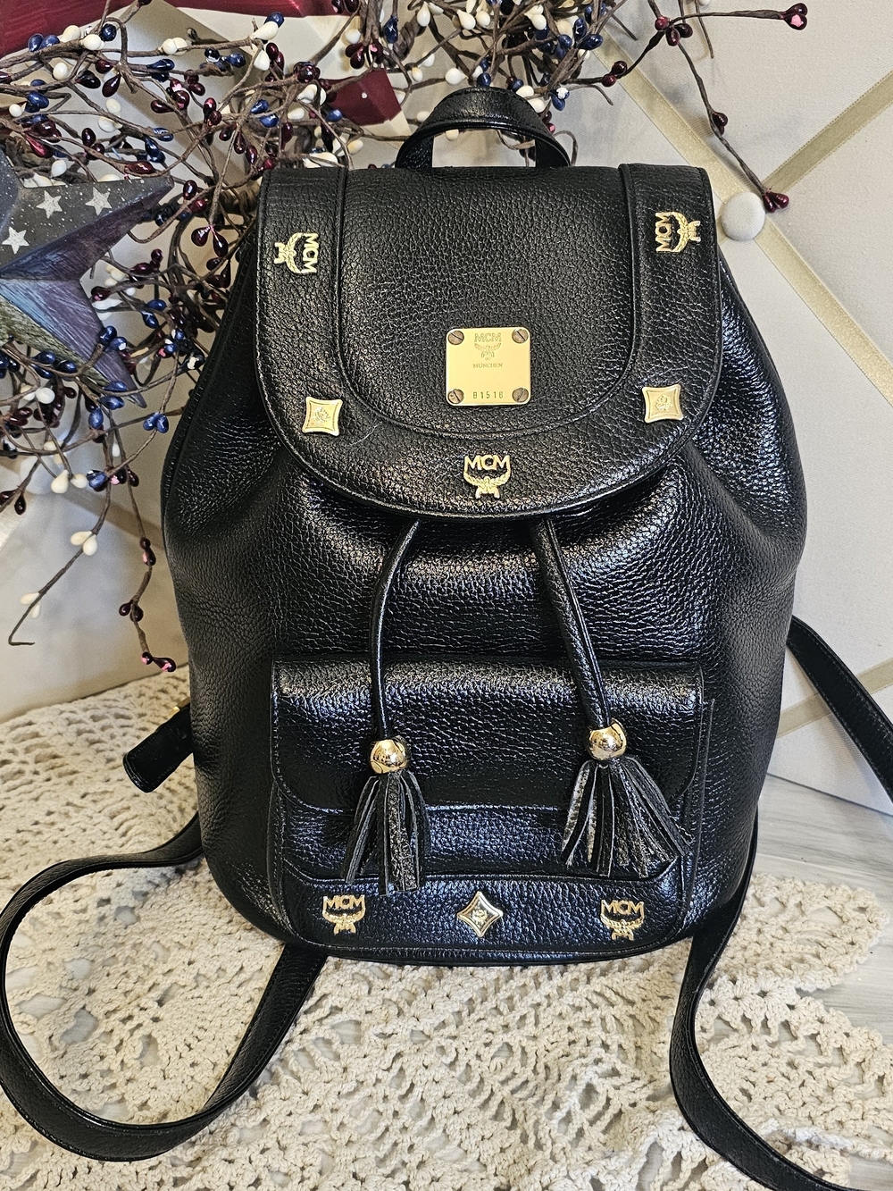 MCM Black Leather Backpack - Signature Gold Hardware